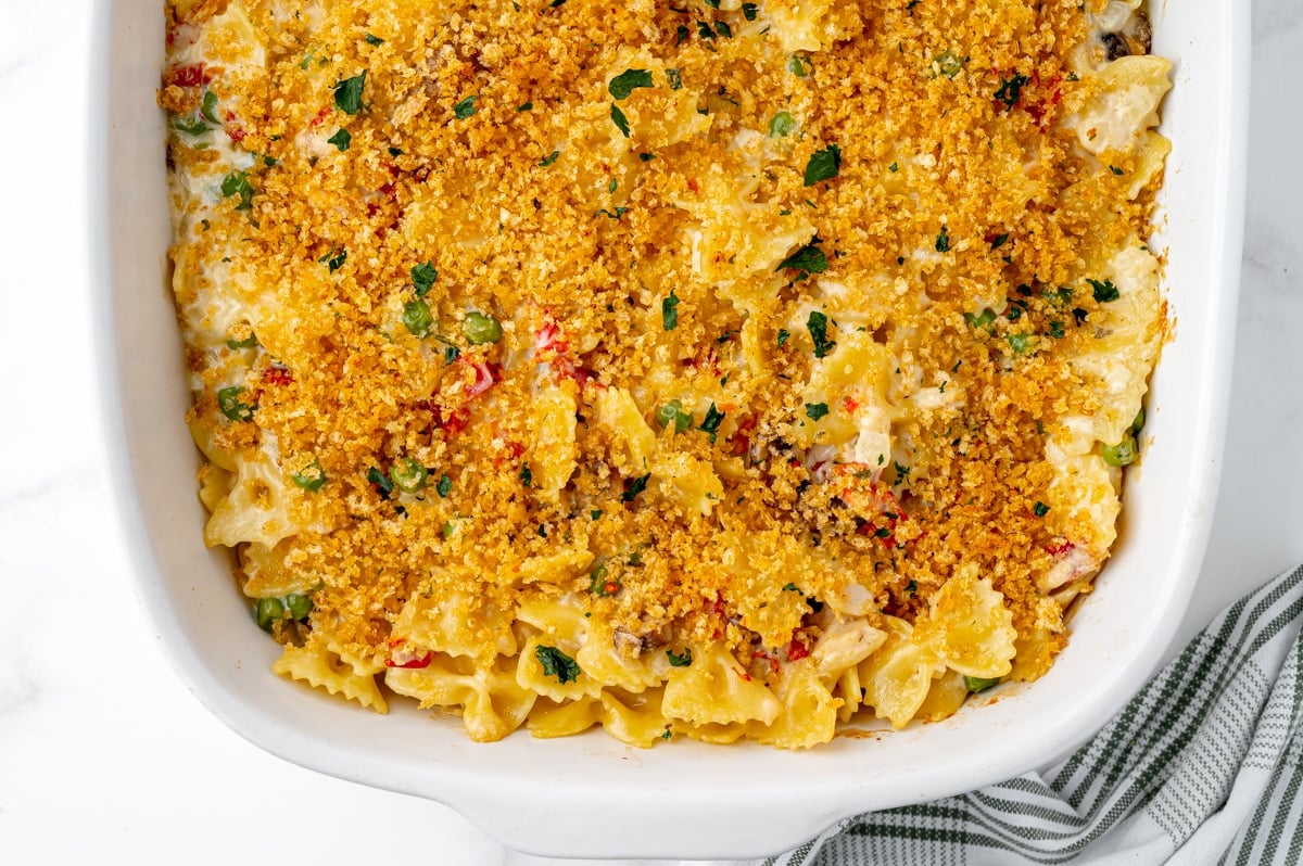 overhead shot of tuna noodle casserole in baking dish