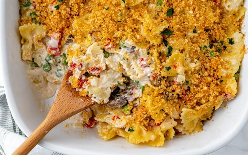 scoop of casserole taken out of dish