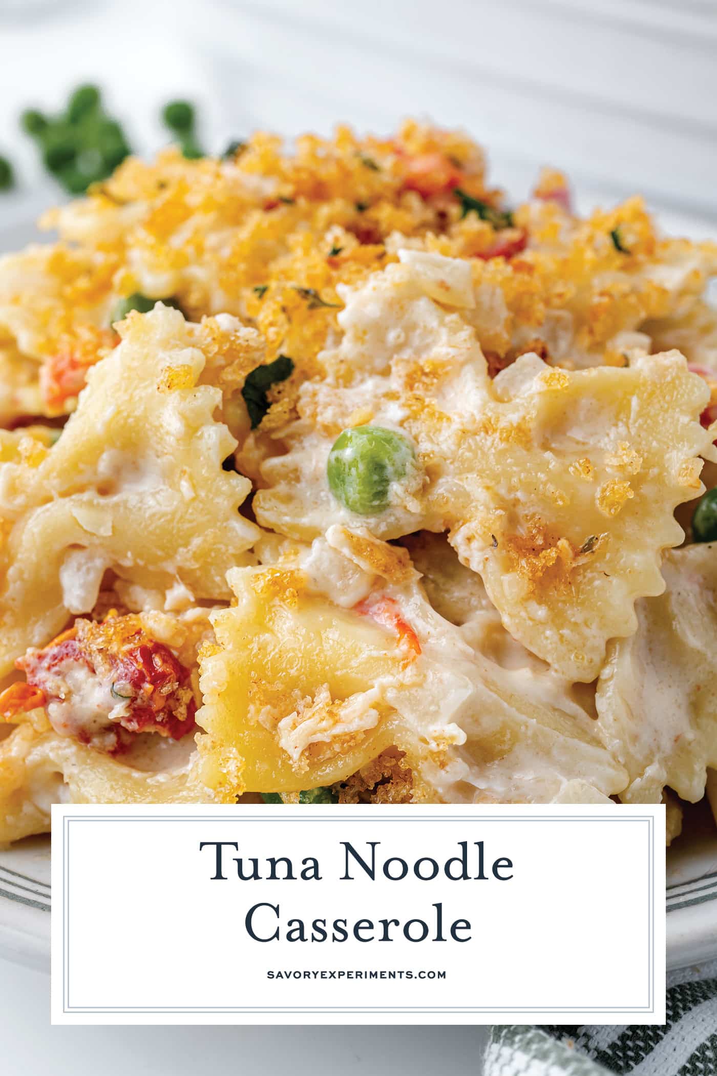 close up of tuna casserole with text overlay for pinterest