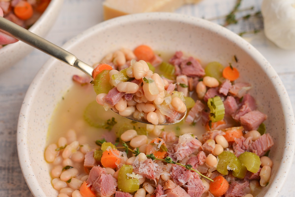 close up spoon of navy bean soup