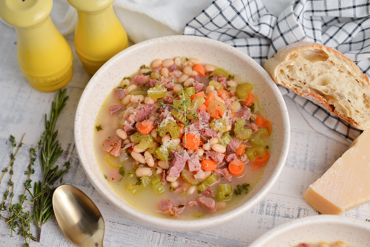 angle view of white bean and ham soup