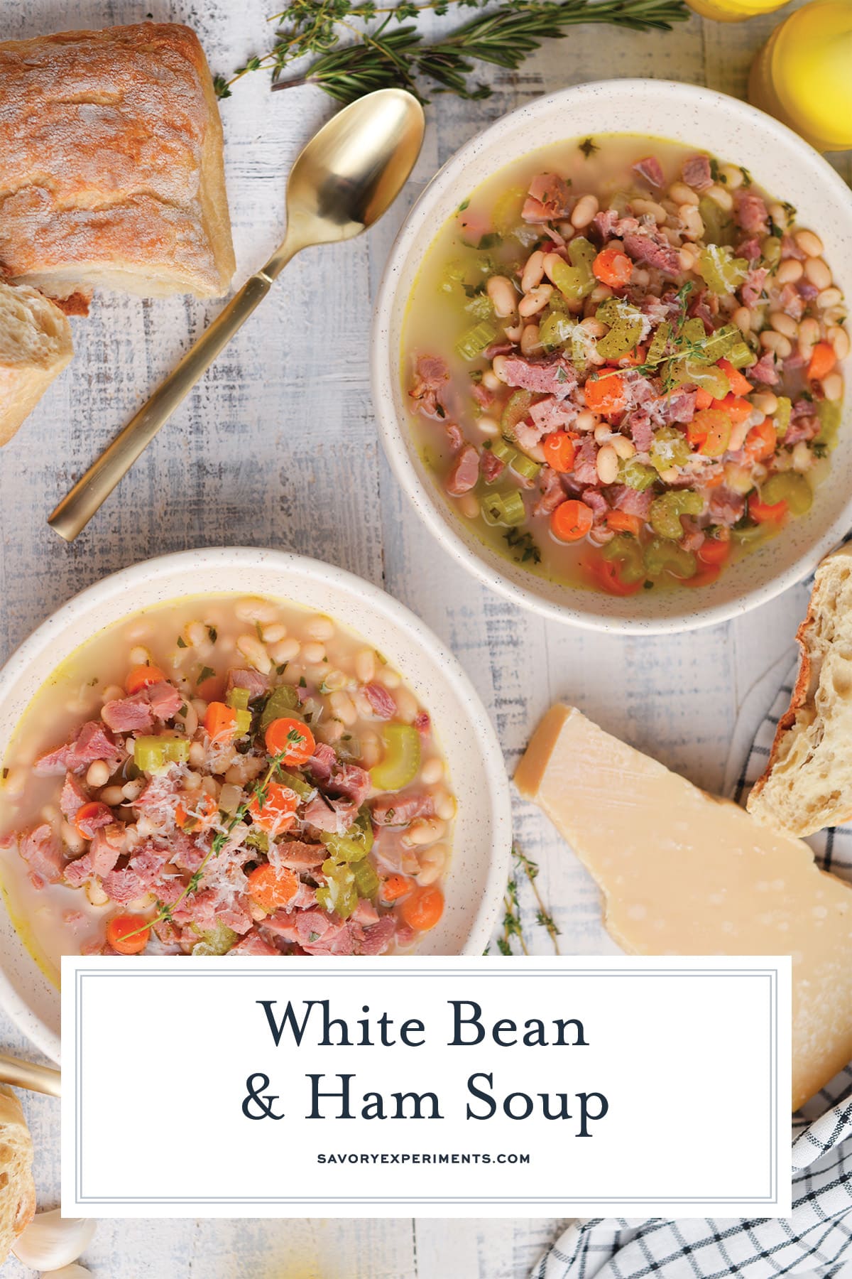 overhead two bowls of ham soup garnished with shredded cheese