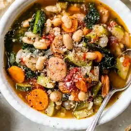 overhead shot of bowl of chicken sausage soup