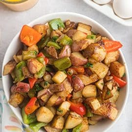 overhead shot of bowl of potatoes o'brien