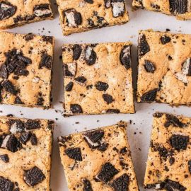 overhead shot of cut oreo blondies