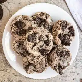 overhead shot of plate of oreo cheesecake cookies