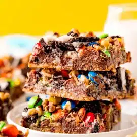 stack of oreo magic bars on a plate