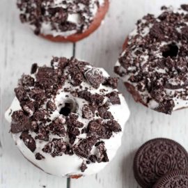 overhead shot of three oreo donuts