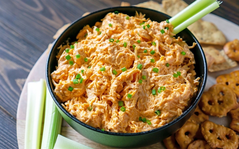 black bowl of buffalo chicken dip
