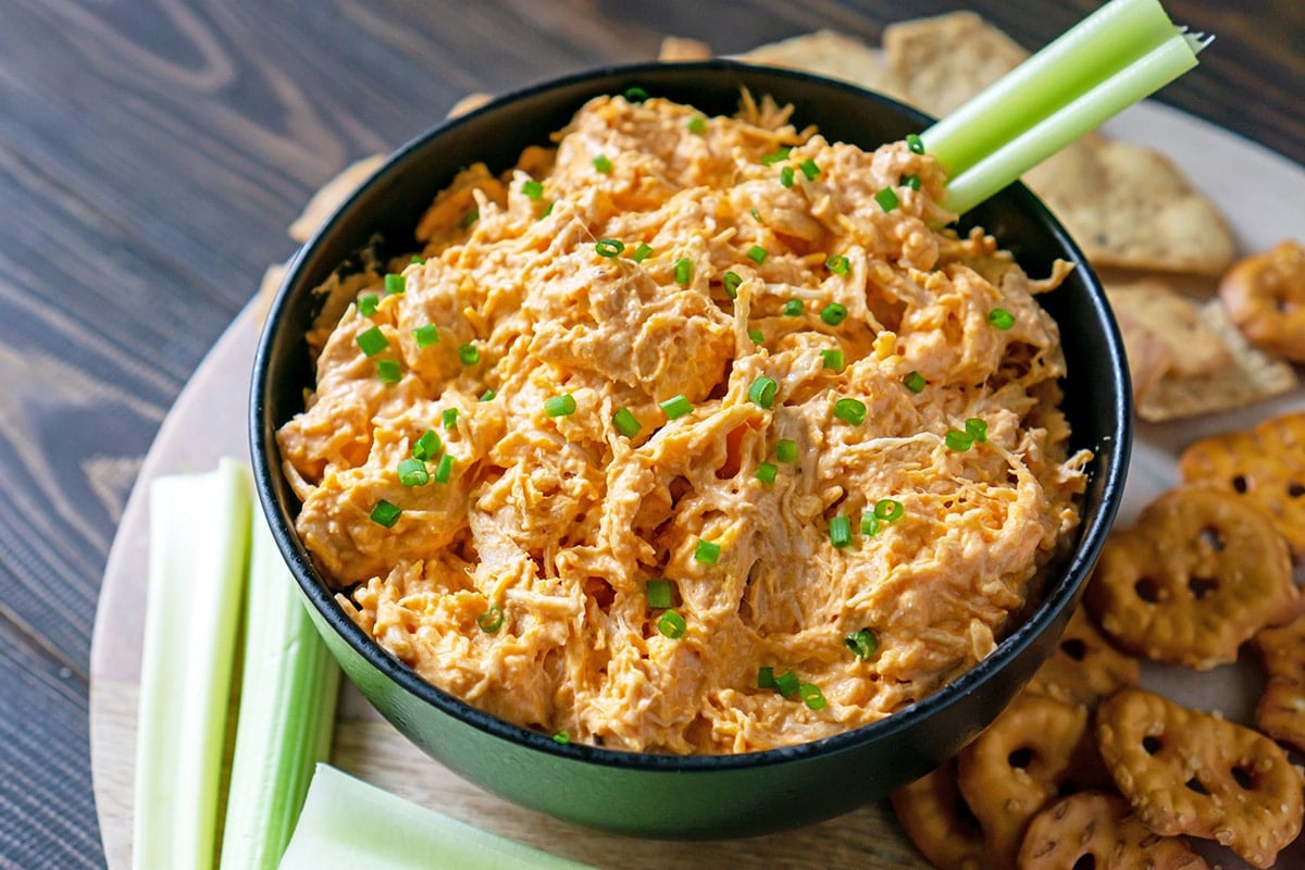 black bowl of buffalo chicken dip