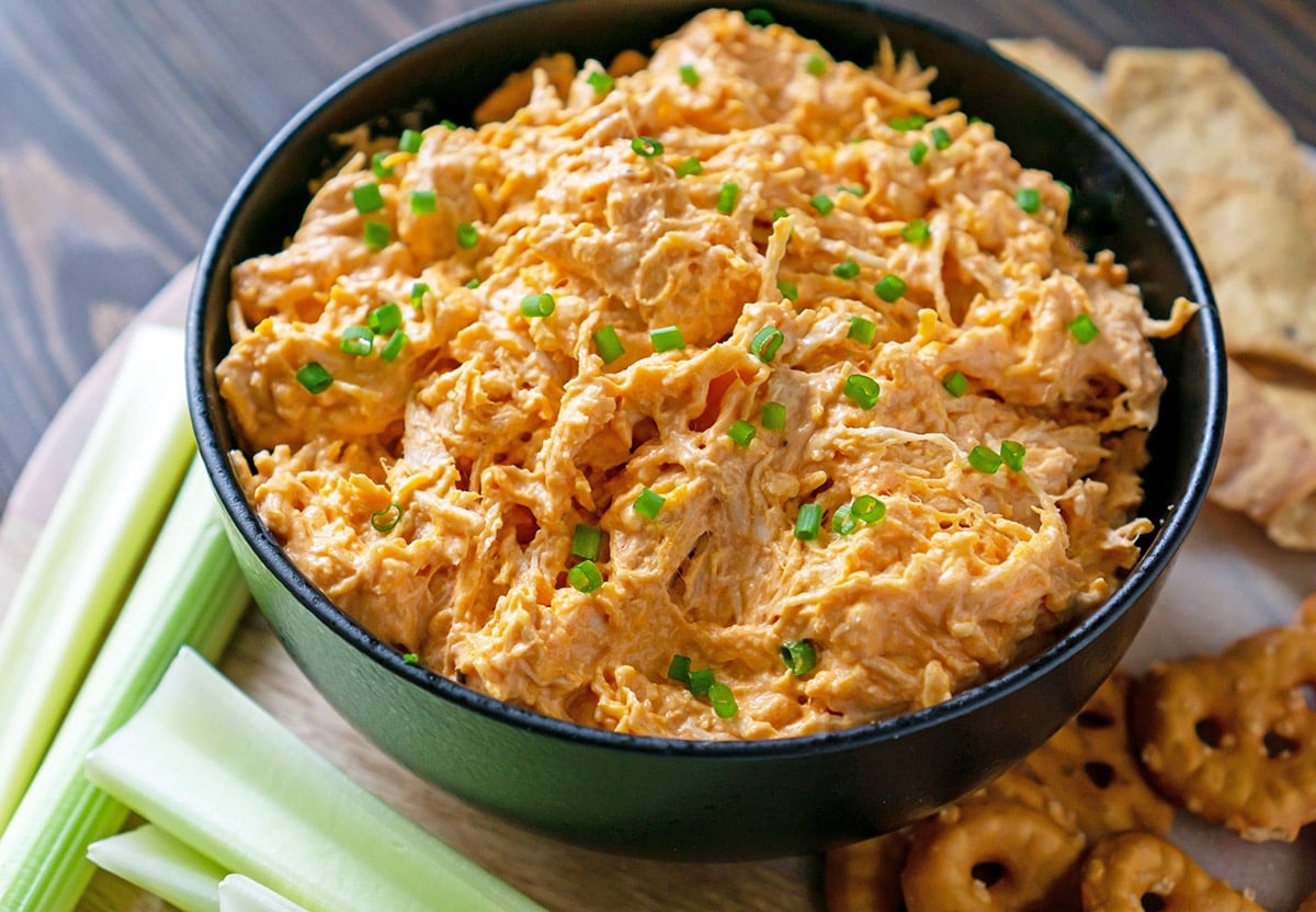 angle view of buffalo chicken dip 