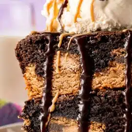 close up of stack of peanut butter slutty brownies