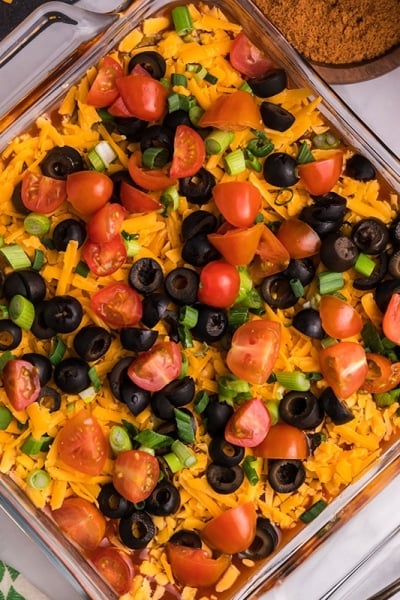 overhead shot of seven layer dip