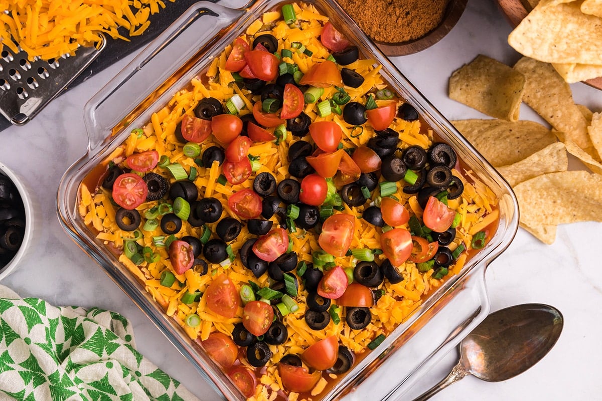 overhead shot of seven layer dip