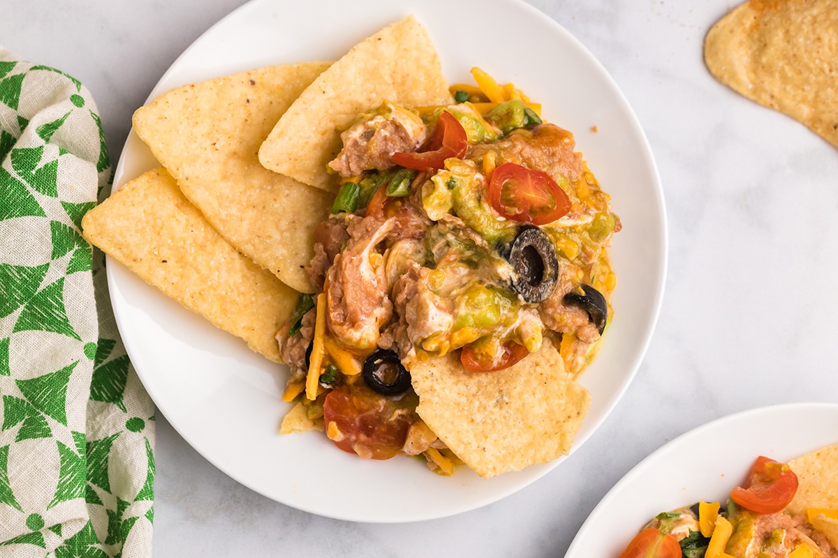 overhead shot of seven layer dip on plate