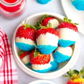 overhead shot of bowl of all american strawberries