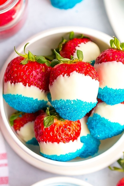 overhead shot of bowl of all american strawberries