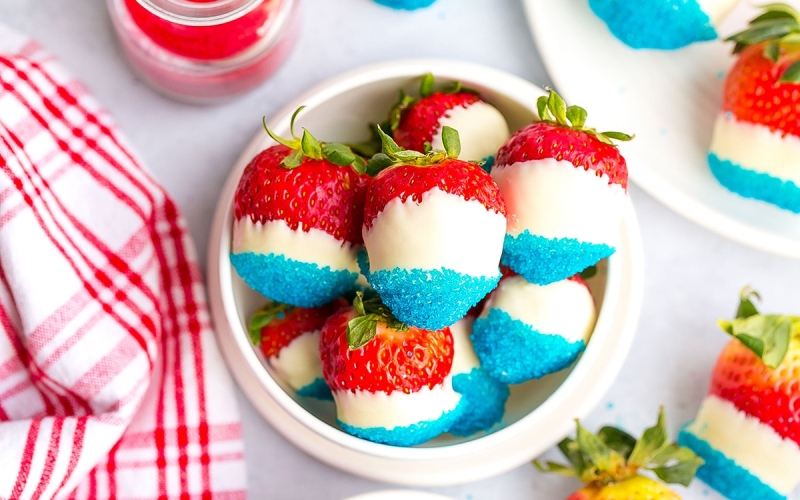 overhead shot of bowl of all american strawberries