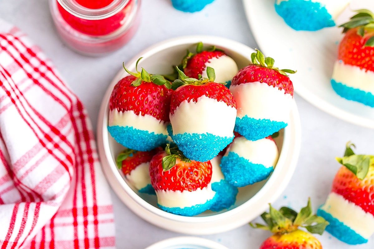 overhead shot of bowl of all american strawberries