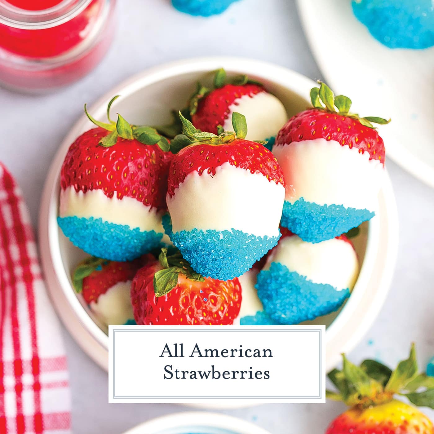 bowl of all american strawberries with text overlay for facebook