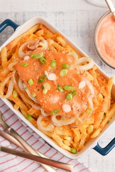 animal style fries with salt, pepper and scallions