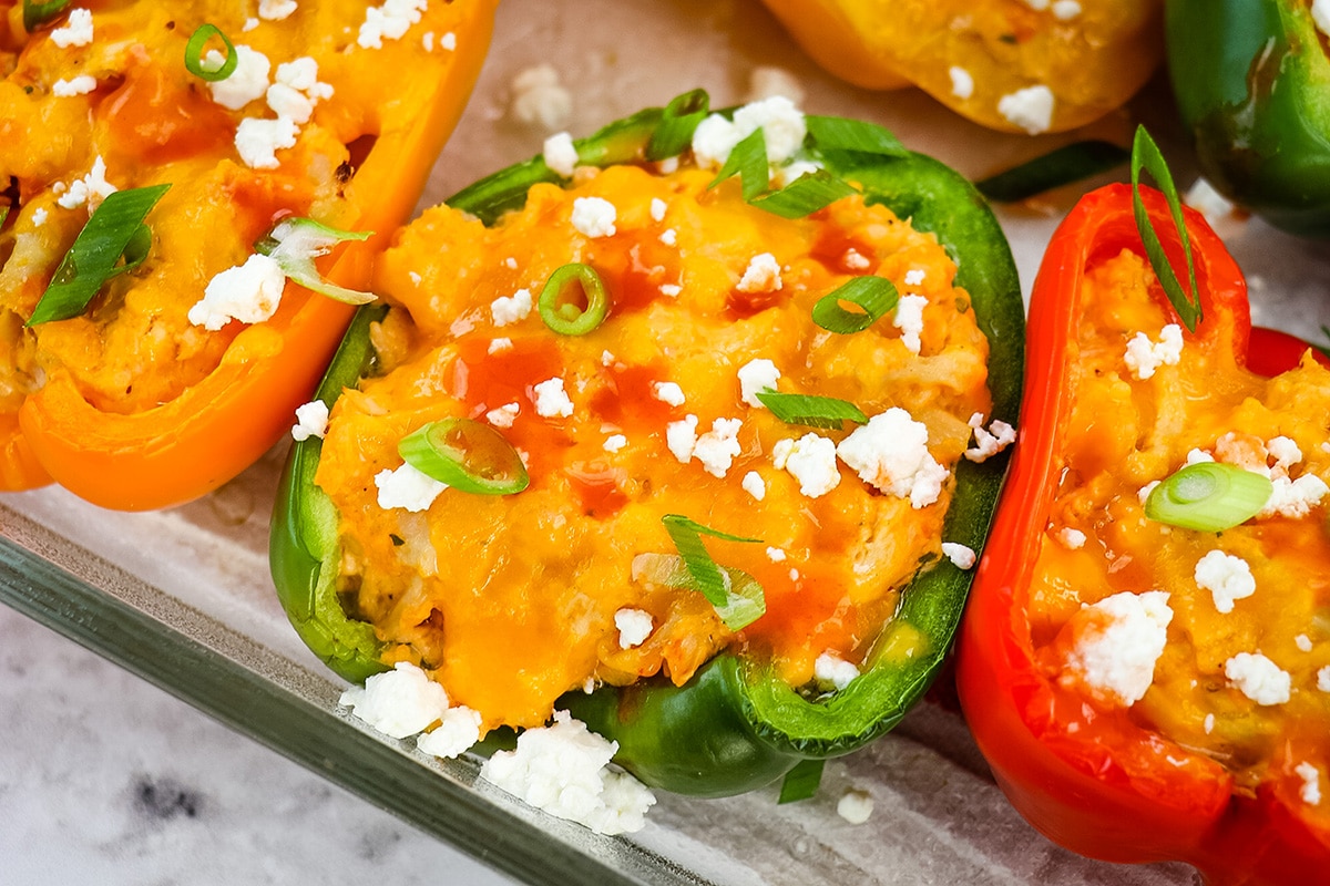 close up of buffalo chicken stuffed pepper