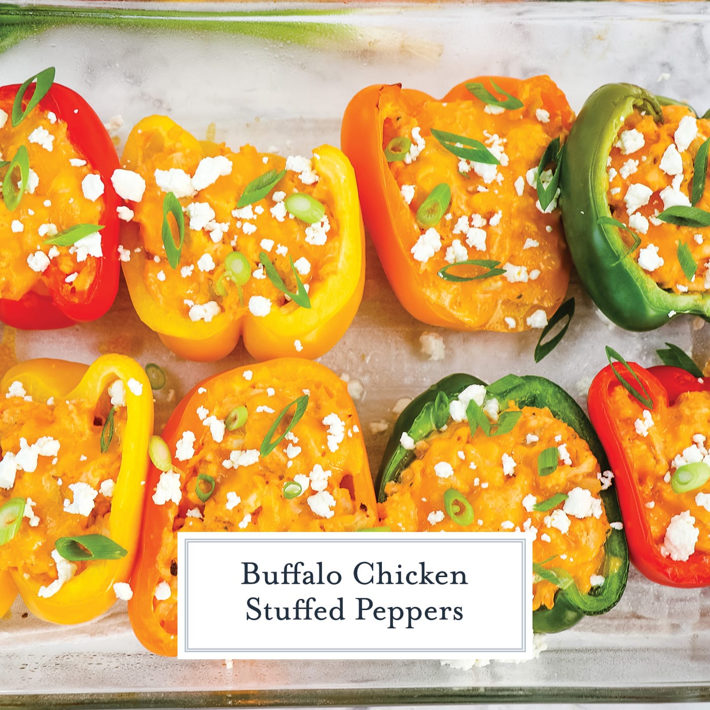 overhead shot of stuffed peppers in a baking dish with text overlay for facebook