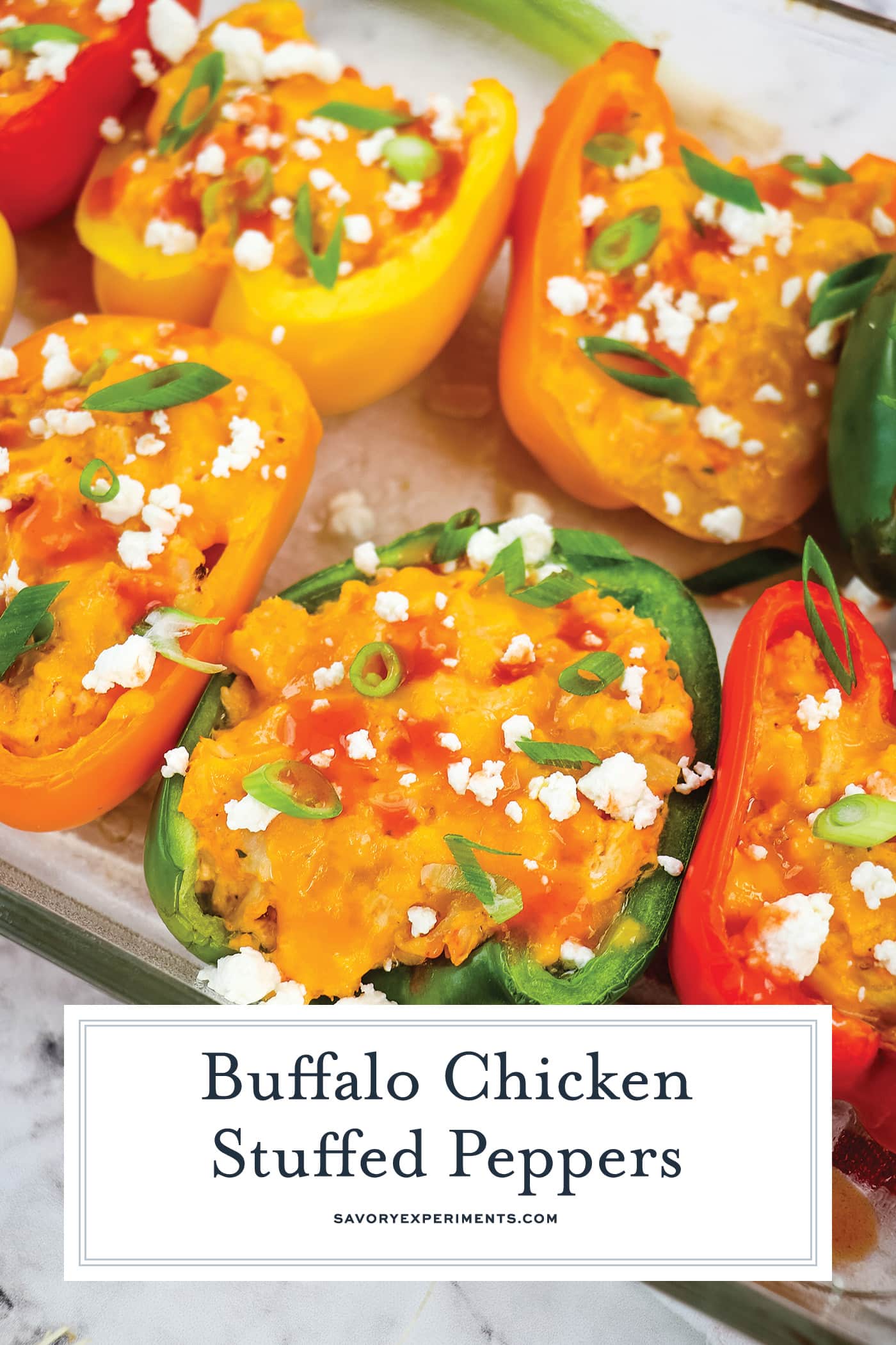 buffalo chicken stuffed peppers with text overlay for pinterest