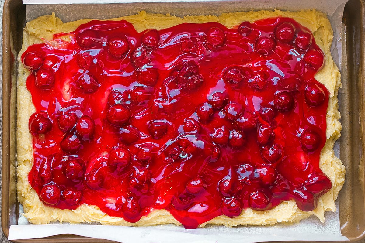 cherry pie bars in a 9x13 pan