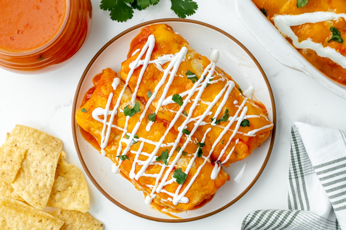 overhead shot of two chicken enchiladas on a plate