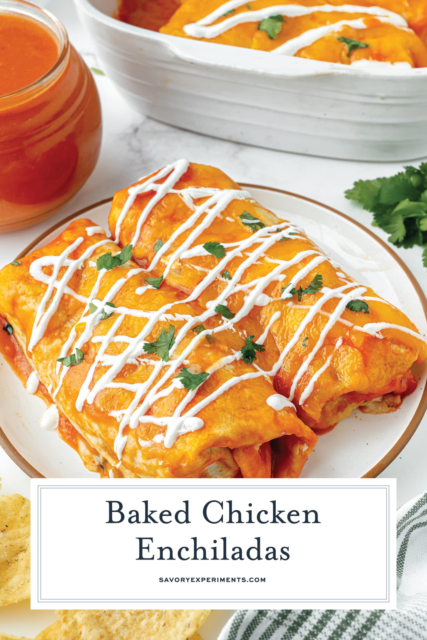 two enchiladas on a plate with text overlay for pinterest