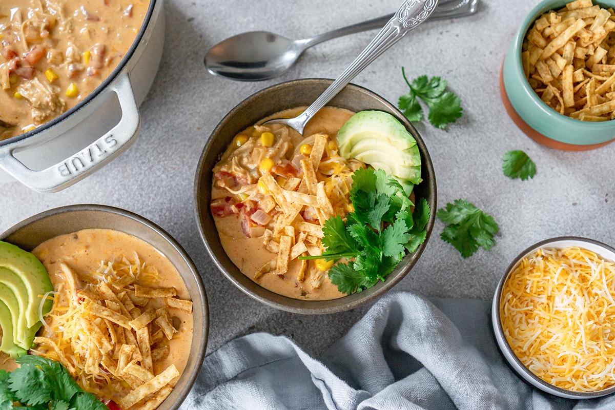 overhead shot of chicken taco soup in bowl