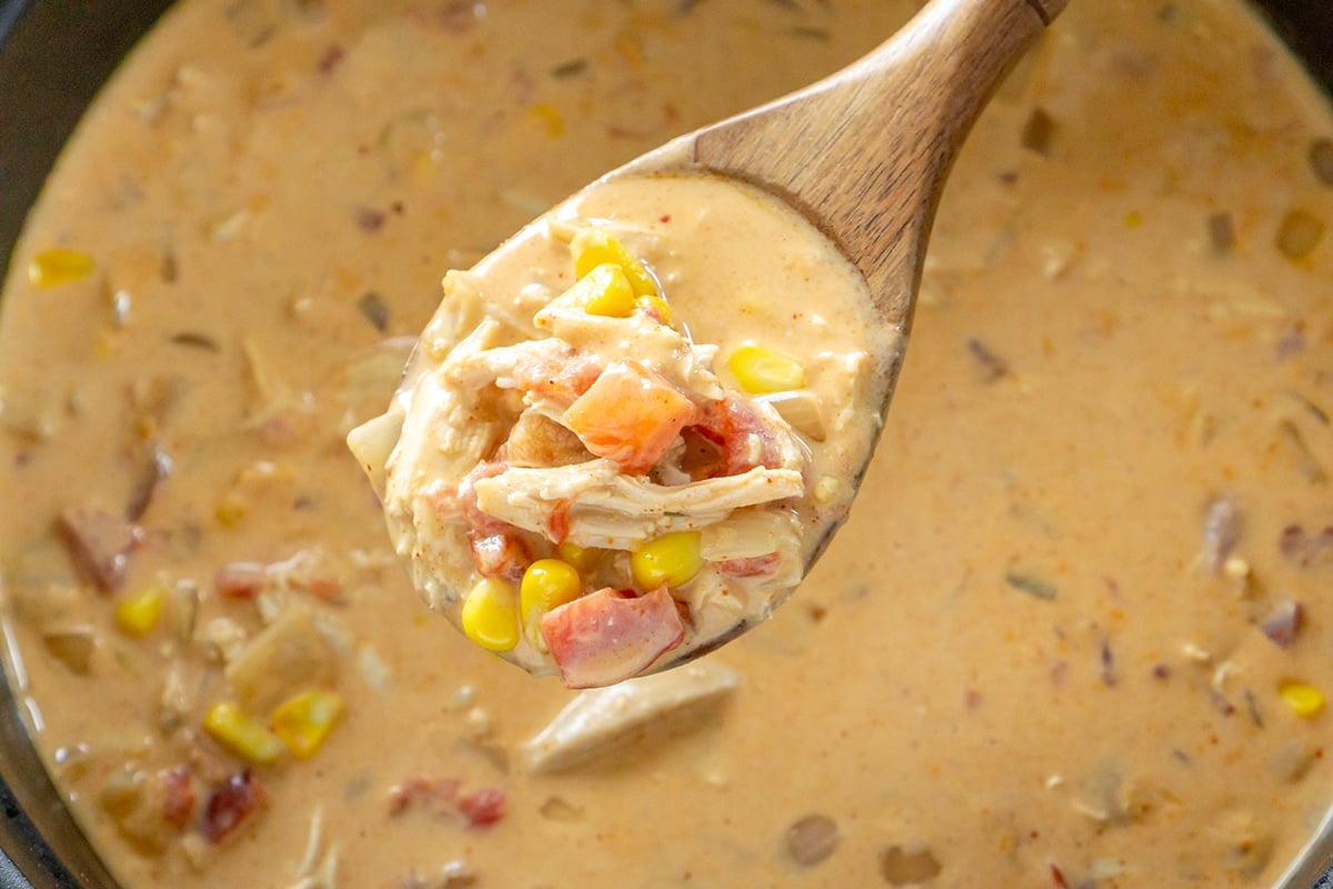 wooden spoon with chicken taco soup