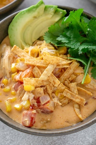 close up of bowl of taco soup