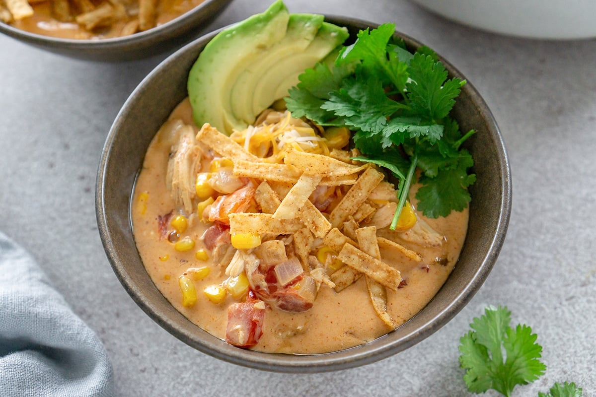 close up of bowl of taco soup