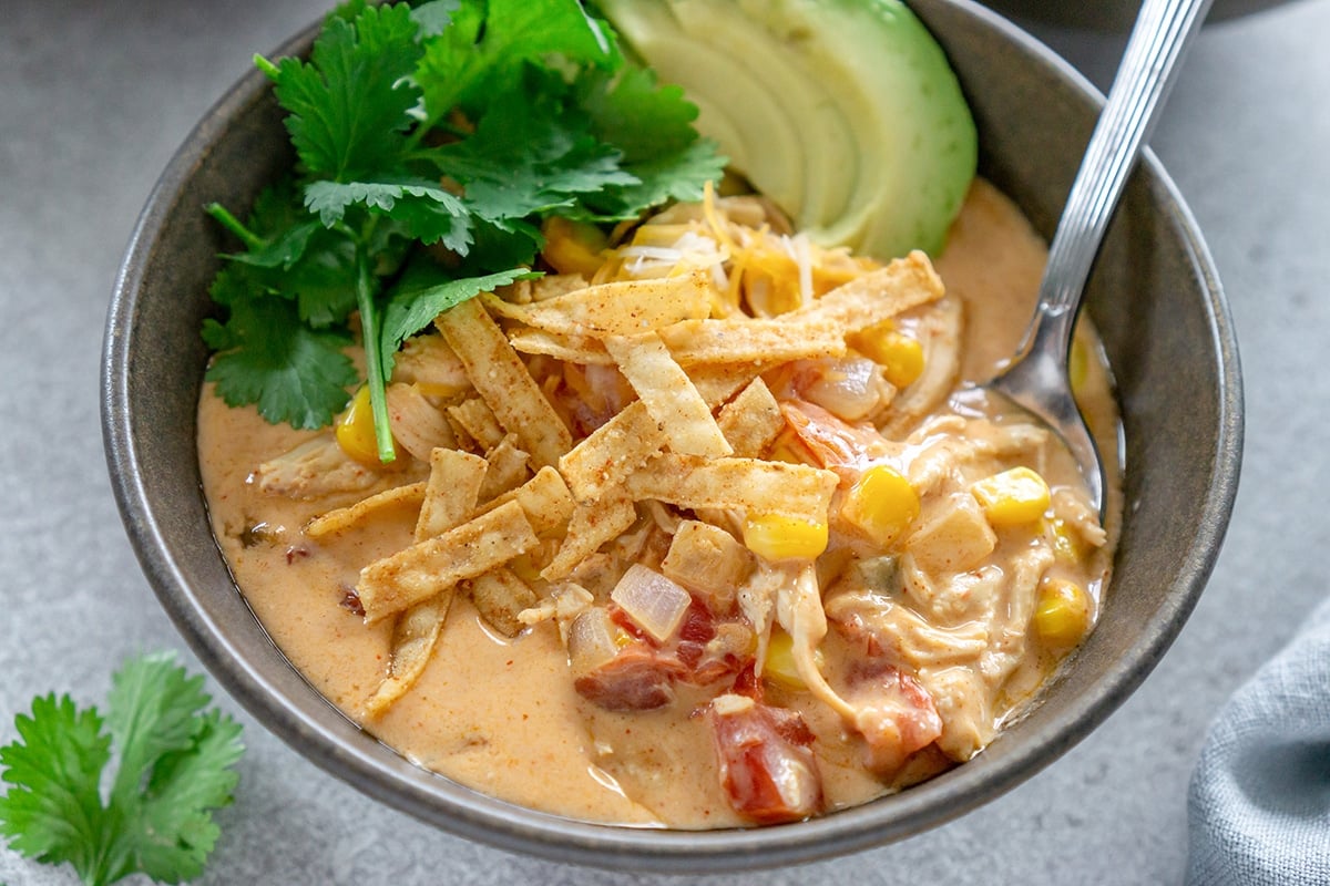 spoon in bowl of chicken taco soup