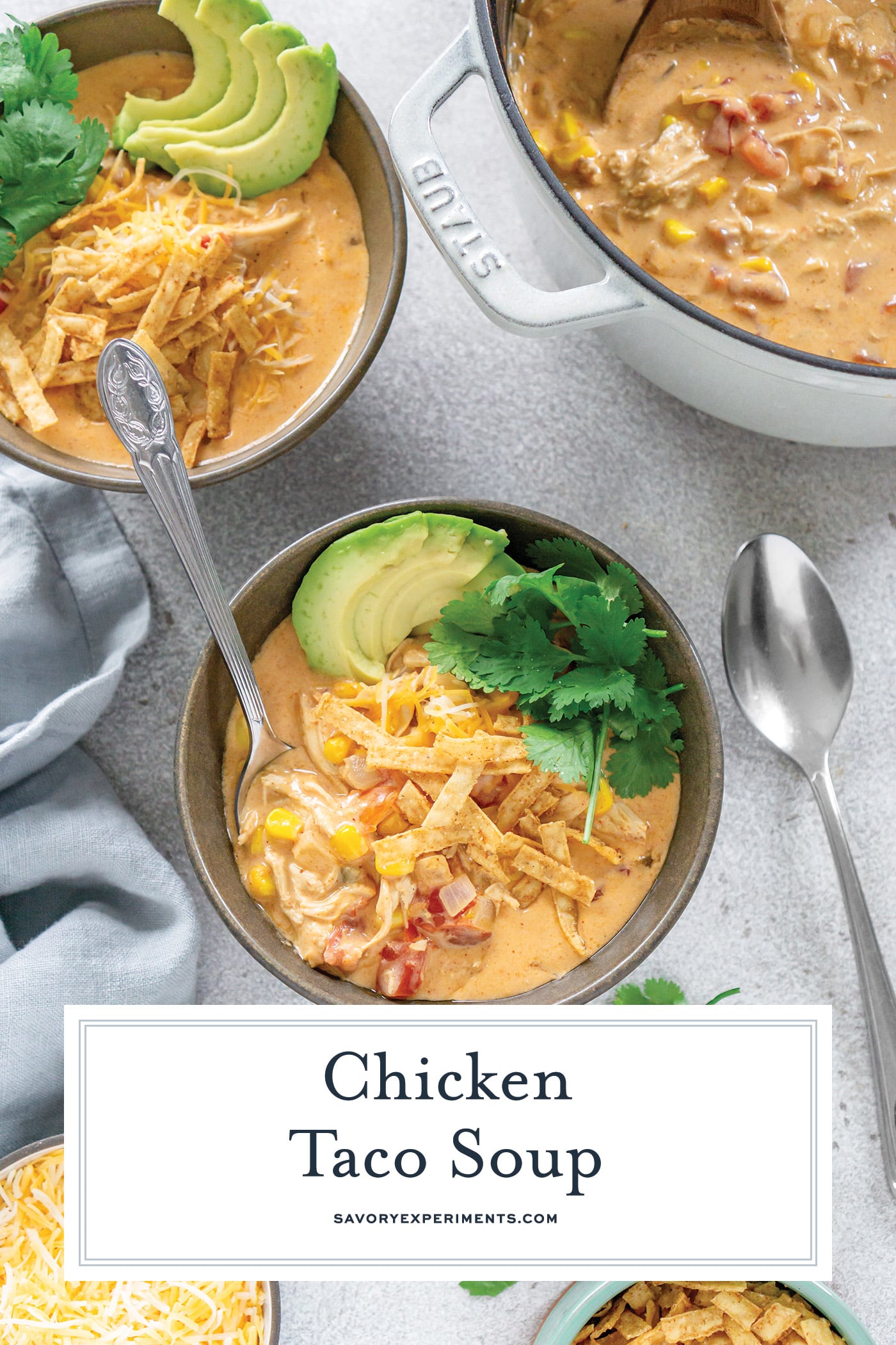 overhead shot of bowl of chicken taco soup with text overlay for pinterest