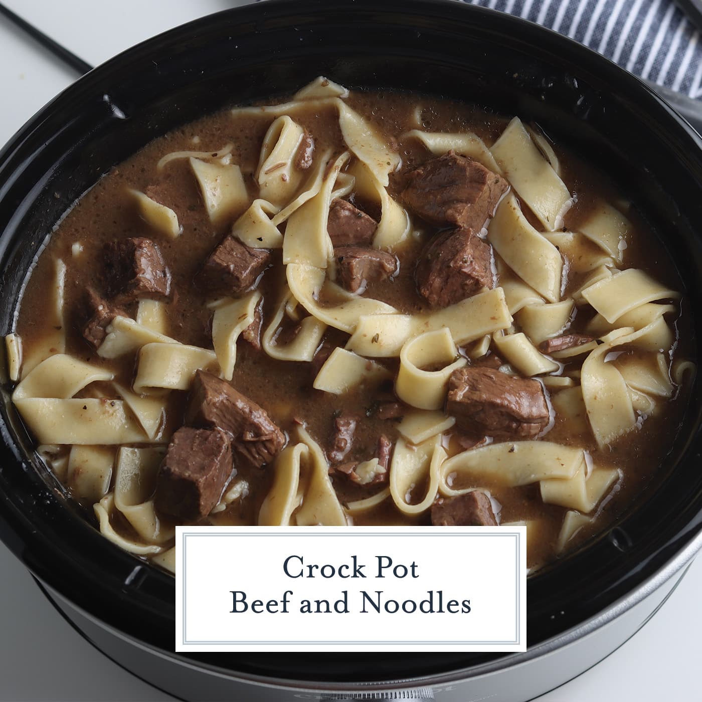 beef and noodles in crock pot with text overlay for facebook