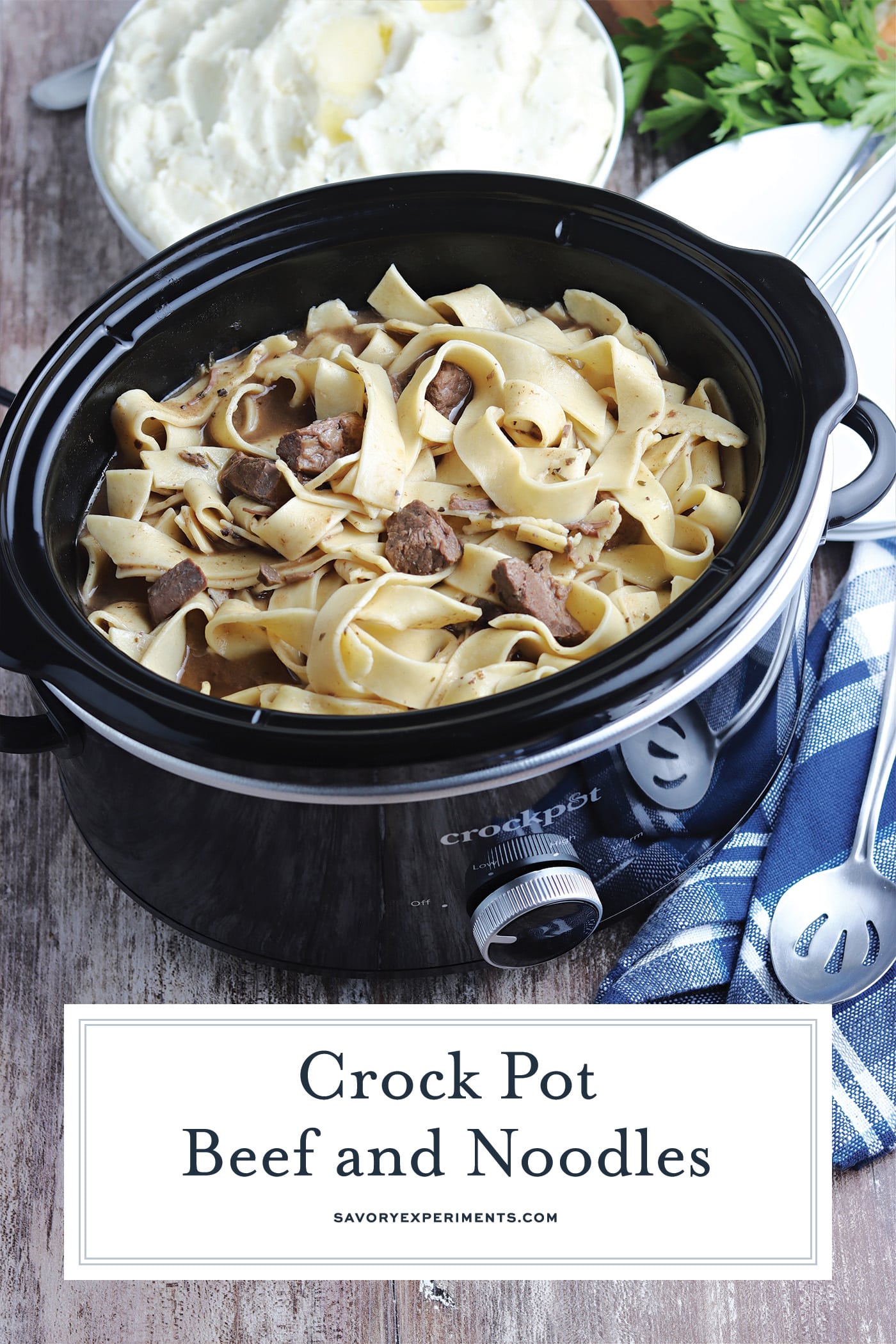 beef and noodles in crock pot with text overlay for pinterest