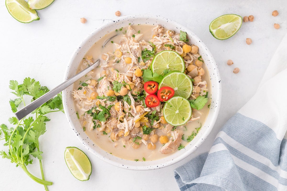 overhead bowl of slow cooker white chicken chili
