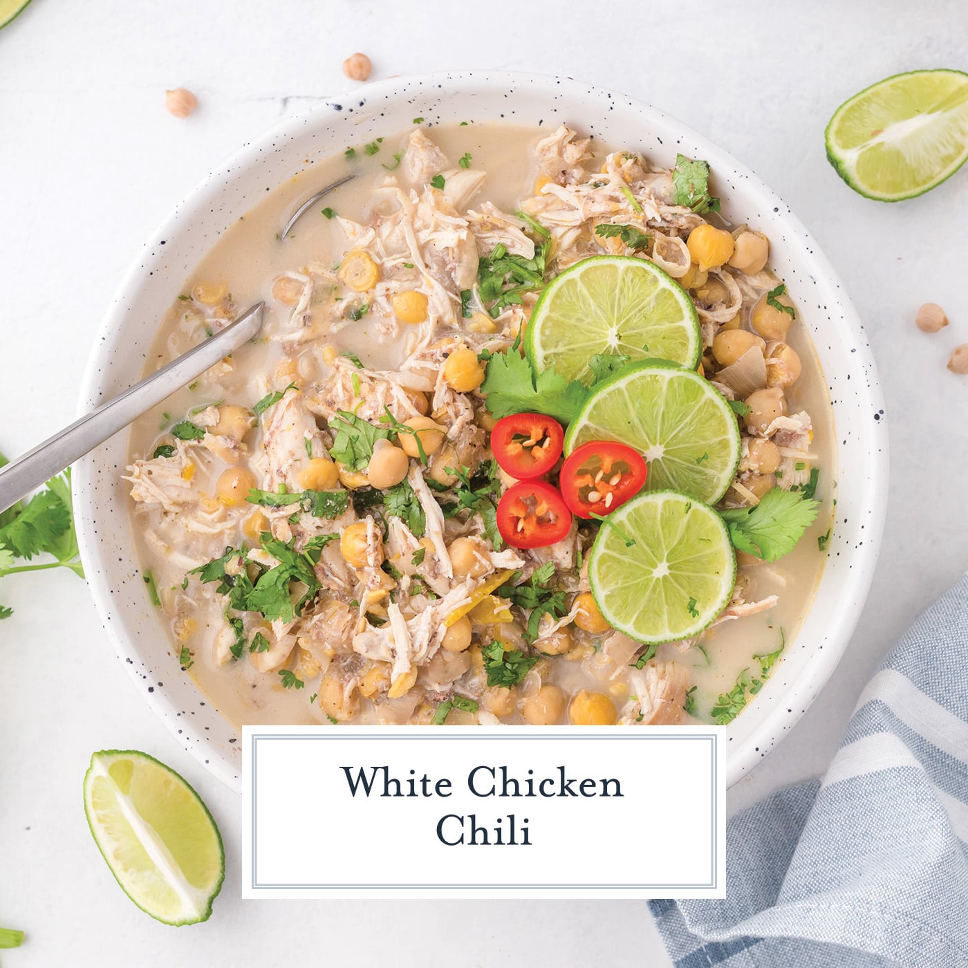 overhead shot of bowl of white chicken chili with text overlay for facebook