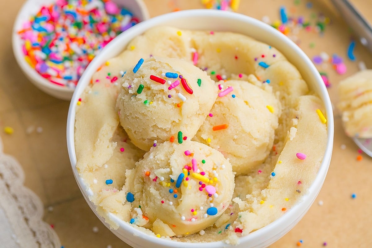 bowl with scoops of sugar cookie dough