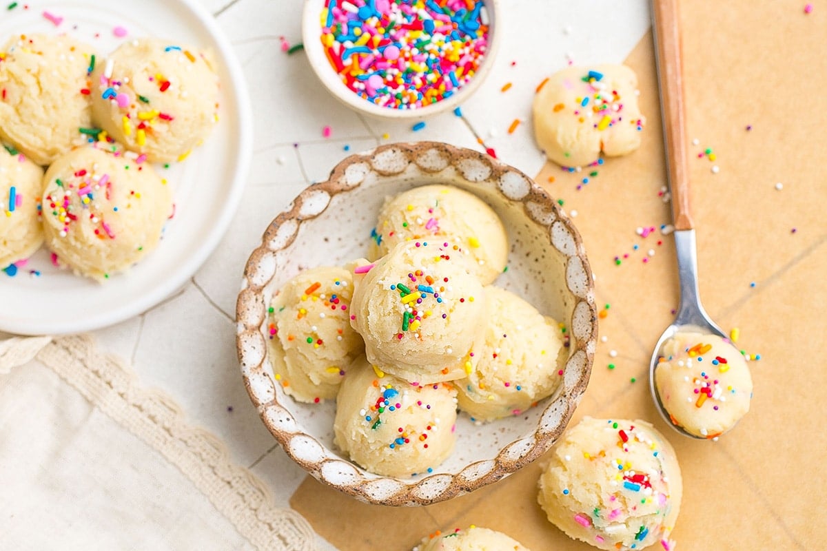 overhead shot of bowl of sugar cookie dough scoops