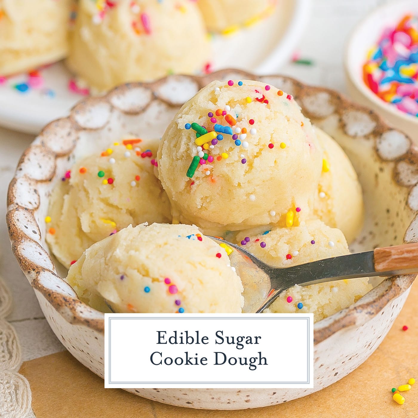 bowl of sugar cookie dough with text overlay for facebook