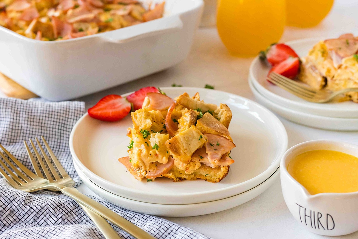 slice of breakfast casserole on a plate