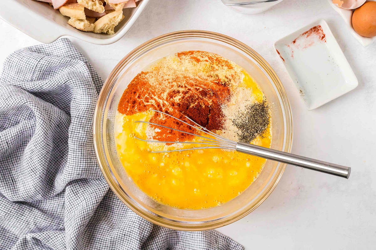 seasoning mixed with eggs in a bowl