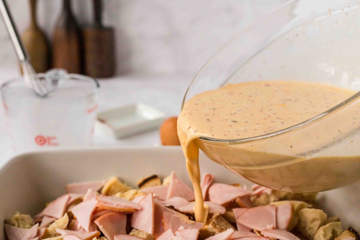 egg mixture poured into casserole dish