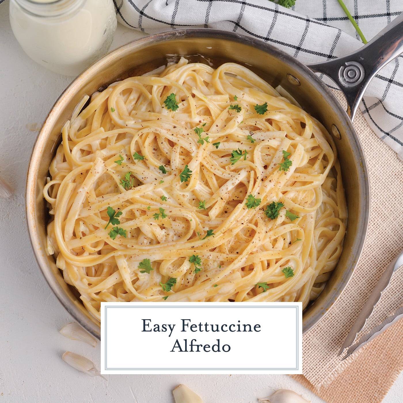 plate of fettuccine alfredo with text overlay for facebook