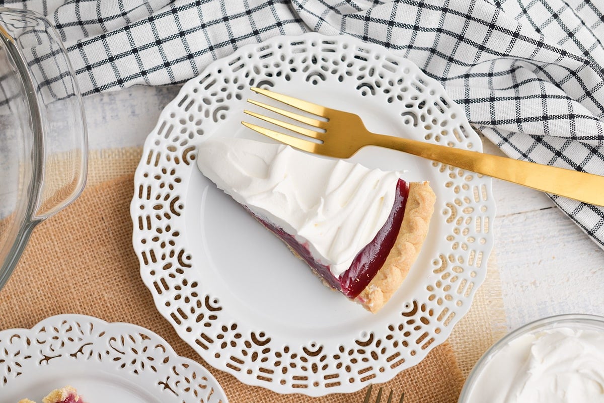 overhead shot of slice of pie on a plate