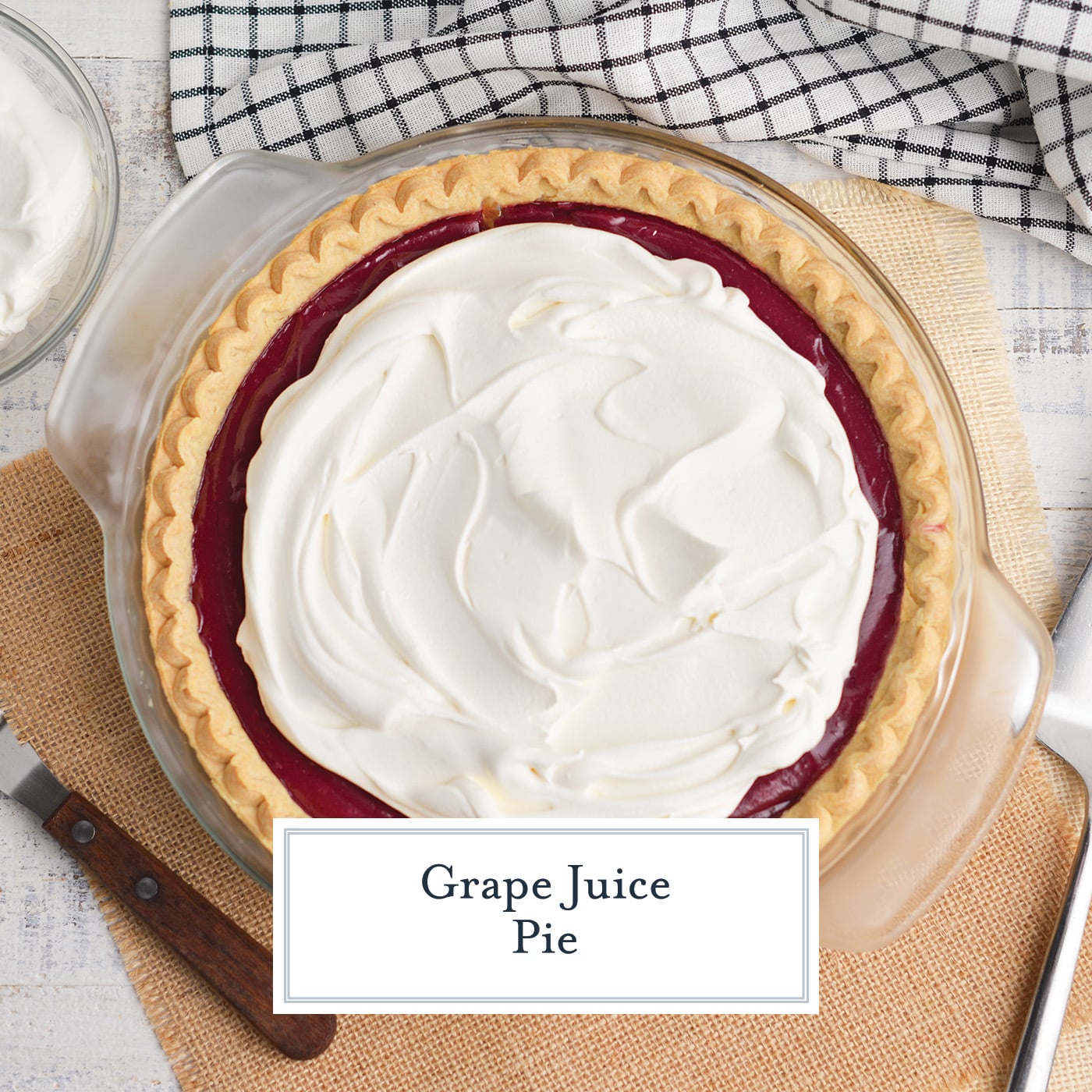 overhead shot of grape juice pie with text overlay for facebook